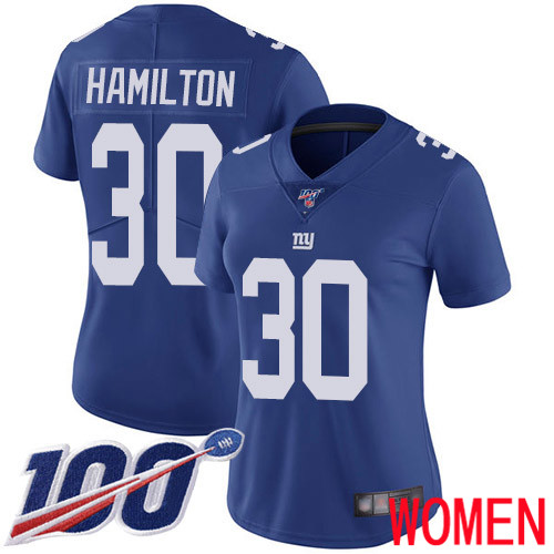 Women New York Giants #30 Antonio Hamilton Royal Blue Team Color Vapor Untouchable Limited Player 100th Season Football NFL Jersey->women nfl jersey->Women Jersey
